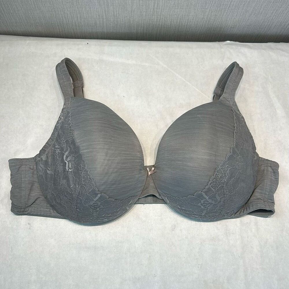 Cacique Bra Lightly Lined Full Coverage Front Lace Trim Sz 46C Underwire Heather